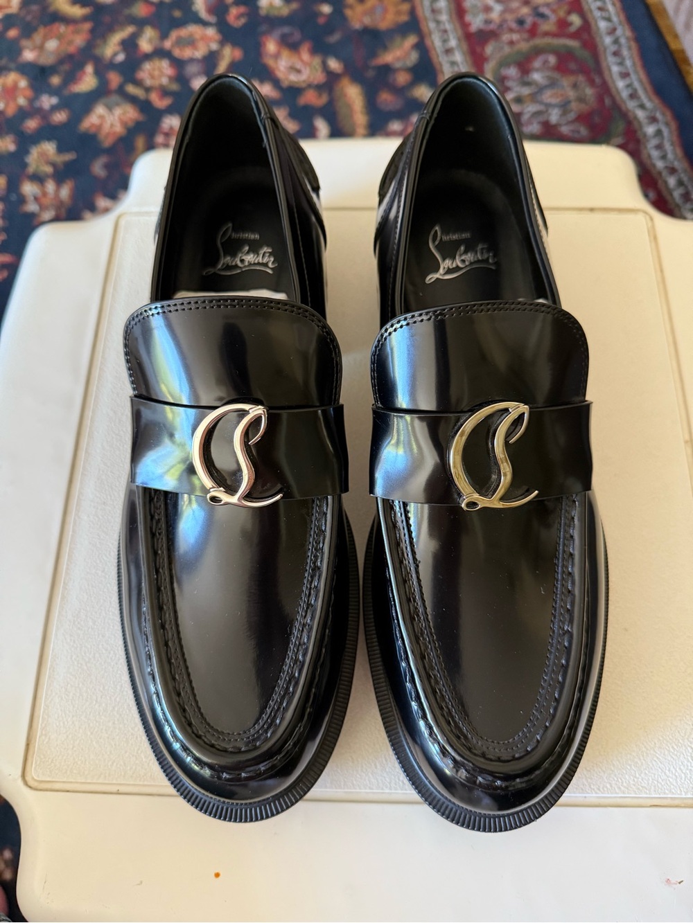Christian Louboutin Black Loafers with Gold S Logo Hardware